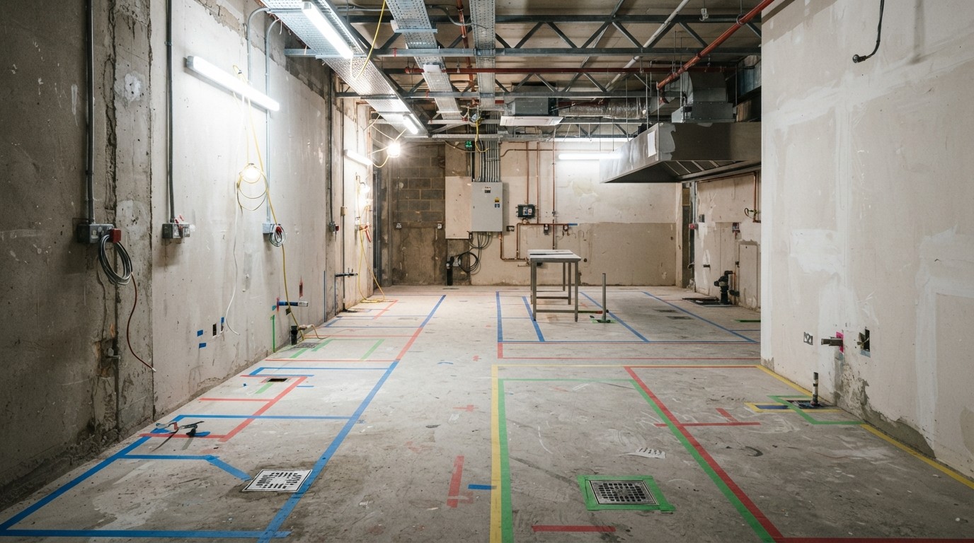 Empty commercial kitchen shell with tape marking equipment positions on the floor
