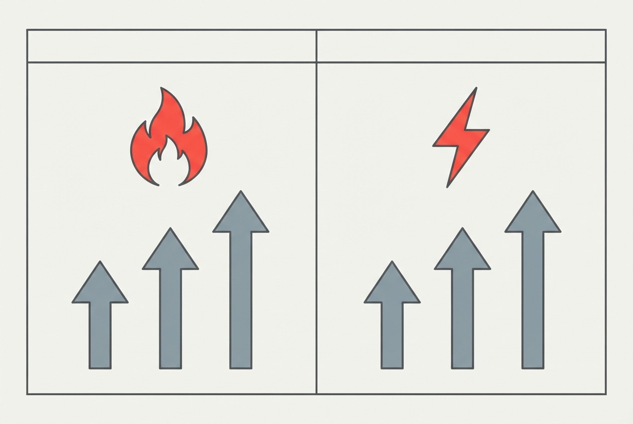 Comparison of a flame icon and a lightning icon each with different arrow lengths