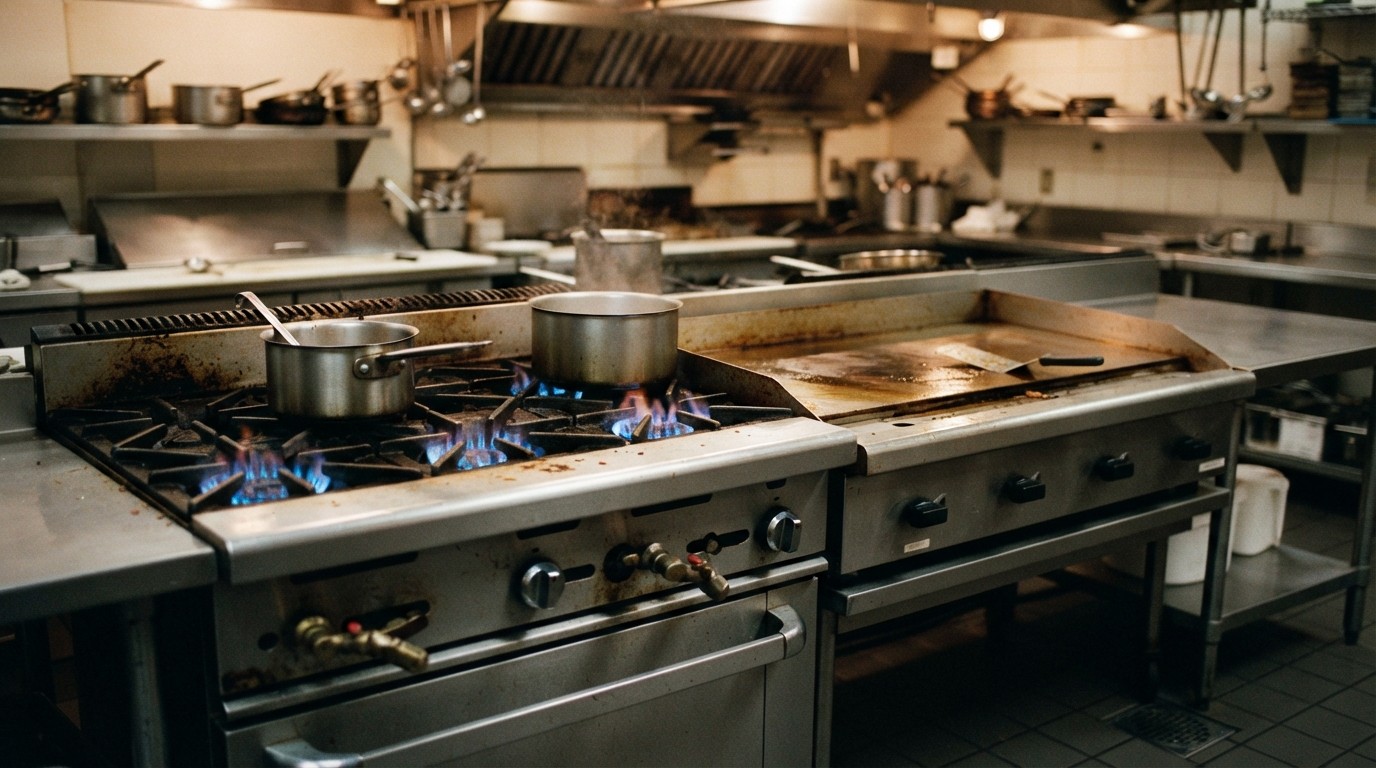 Gas range top with open flames beside an electric flat-top in a commercial kitchen