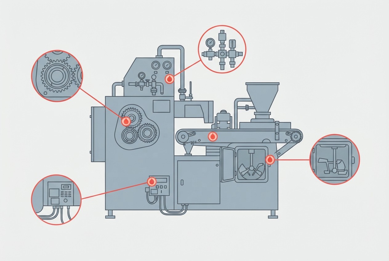 Equipment outline with magnifier markers at key inspection points
