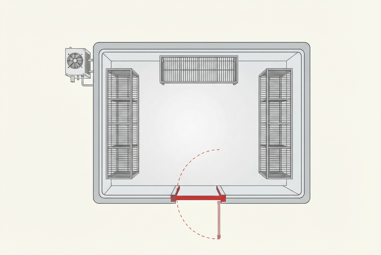 Top-down plan of a walk-in cooler with door swing arc and shelving