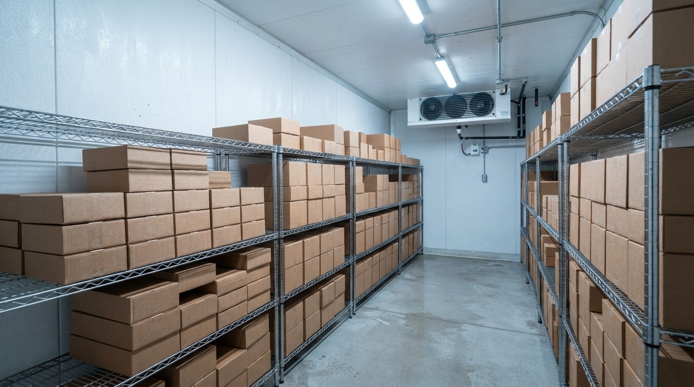 Interior of a walk-in cooler with shelving, white walls and stacked cartons