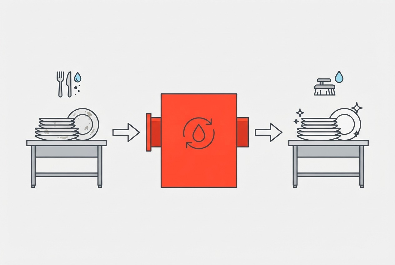 Flow from soiled table through a machine to a clean table with arrows