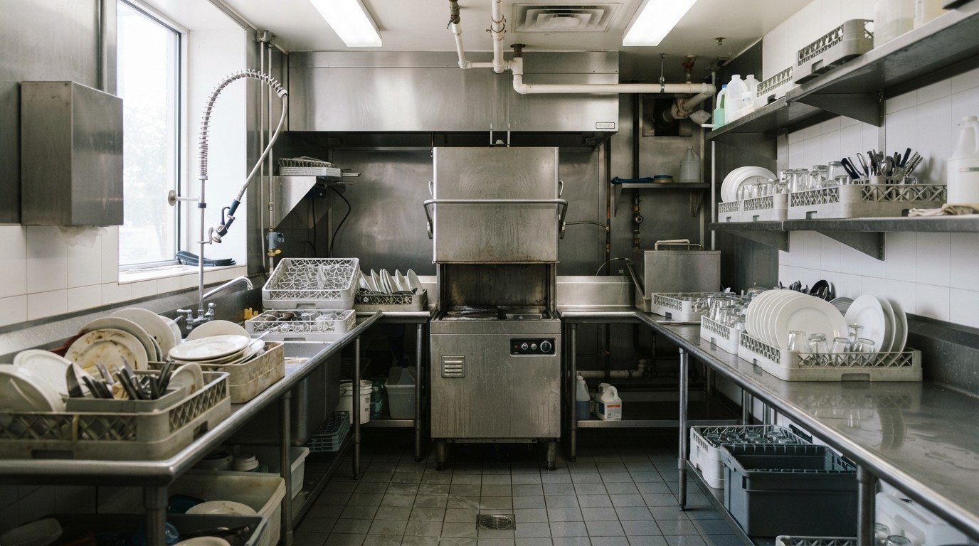 Commercial dish room with a door-type dish machine and clean and soiled tables in a U layout